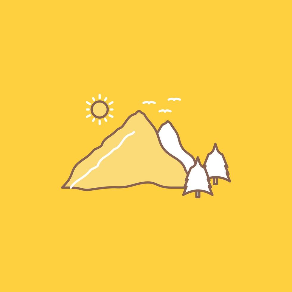 montaña. paisaje. Cerro. naturaleza. icono lleno de línea plana de escena. hermoso botón de logotipo sobre fondo amarillo para ui y ux. sitio web o aplicación móvil vector