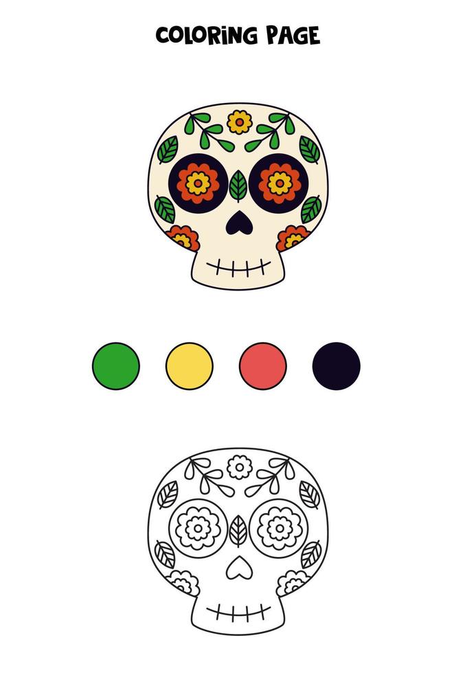 Coloring page with hand drawn Mexican skull. Worksheet for children. vector