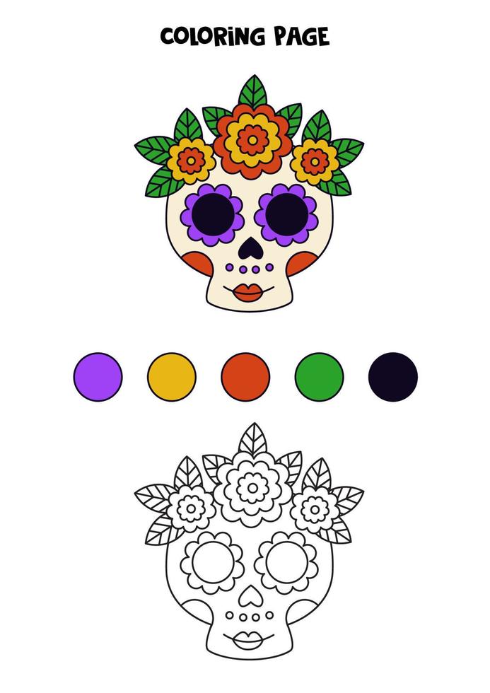 cráneo mexicano de color. hoja de trabajo para niños. vector