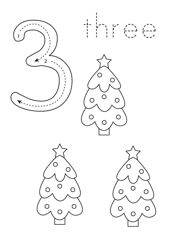 Flashcard number 3. Preschool worksheet. Christmas tree. vector