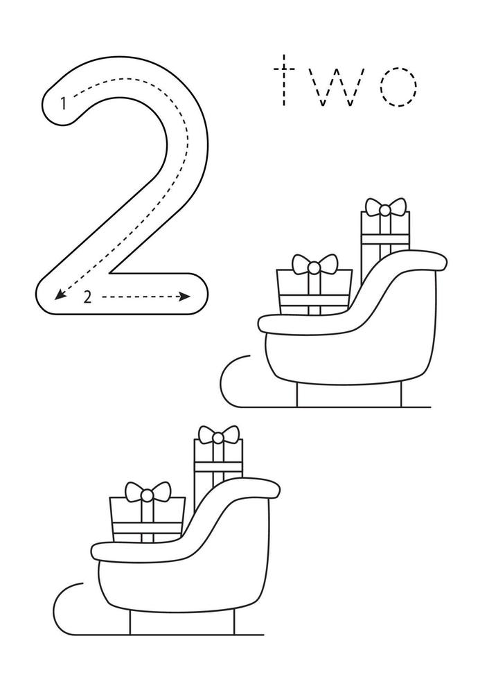 Flashcard number 2. Preschool worksheet. Christmas sleigh. vector