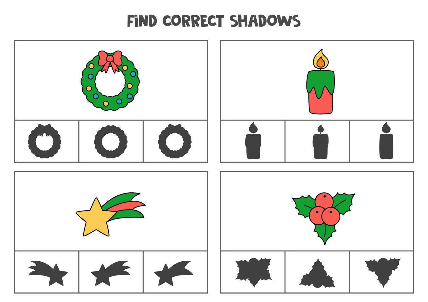 encontrar la sombra correcta de los artículos navideños. juegos de cartas imprimibles para niños. vector