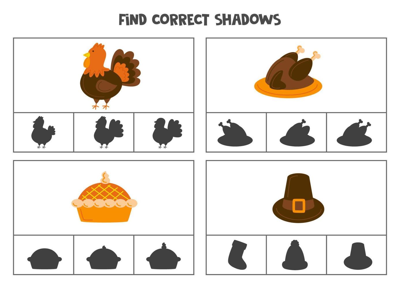 Find correct shadow of Thanksgiving items. Printable clip card games for children. vector