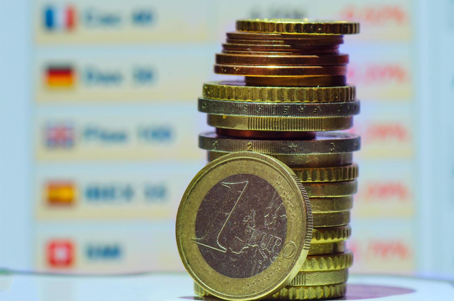 Pack of euro coins in front of a computer screen. photo