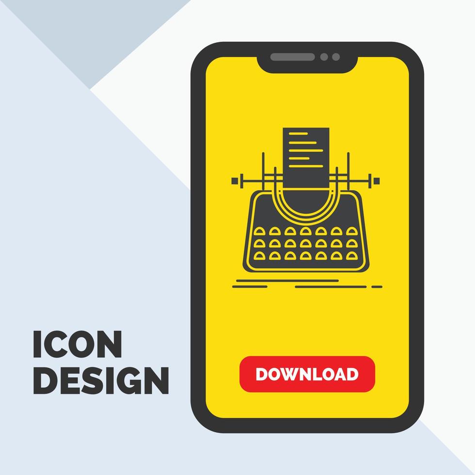 Article. blog. story. typewriter. writer Glyph Icon in Mobile for Download Page. Yellow Background vector