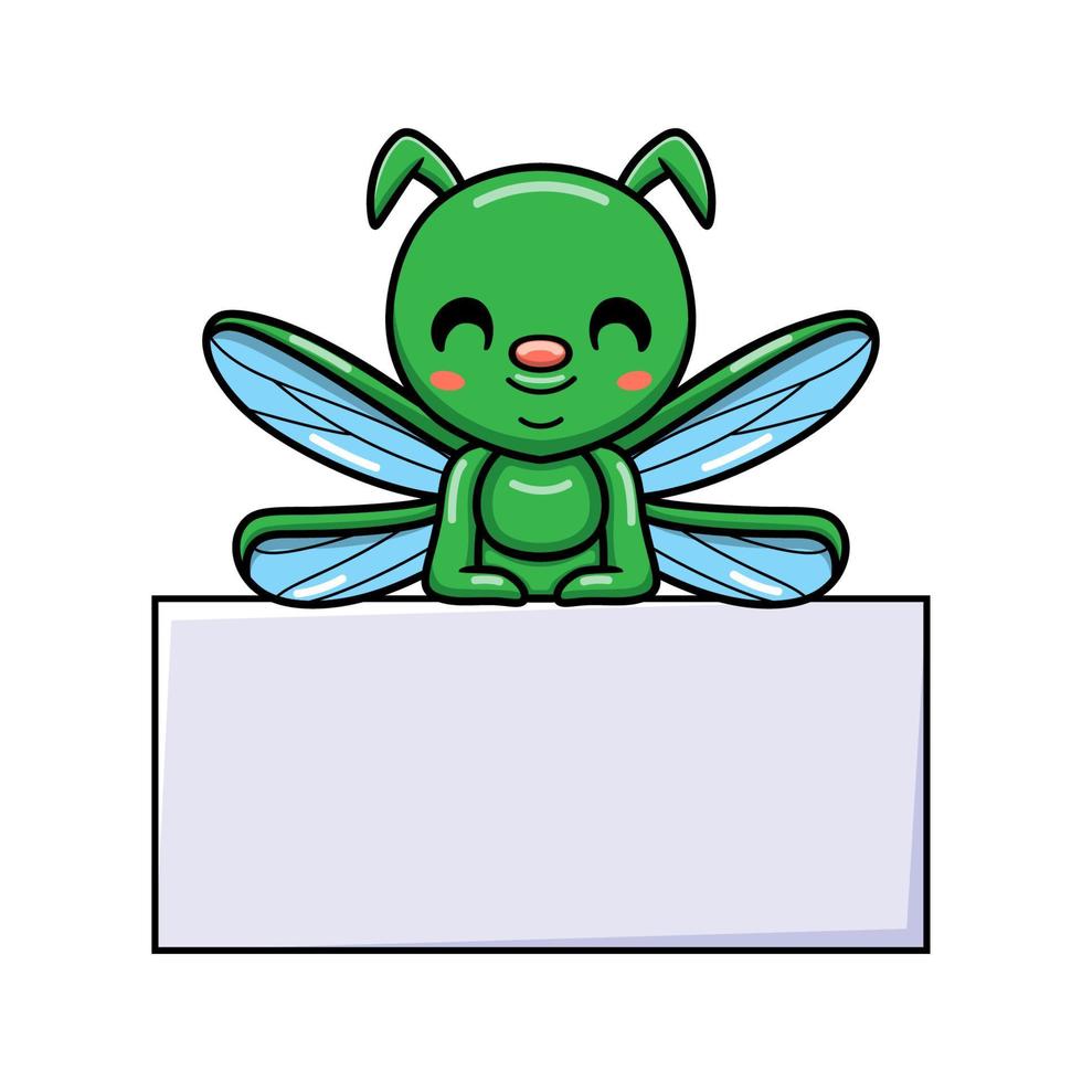 Cute little green dragonfly cartoon with blank sign vector