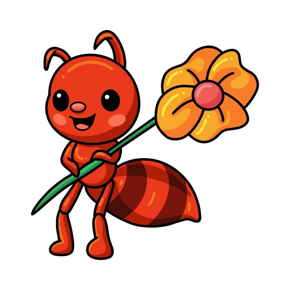 linda caricatura de hormiga roja sosteniendo una flor vector