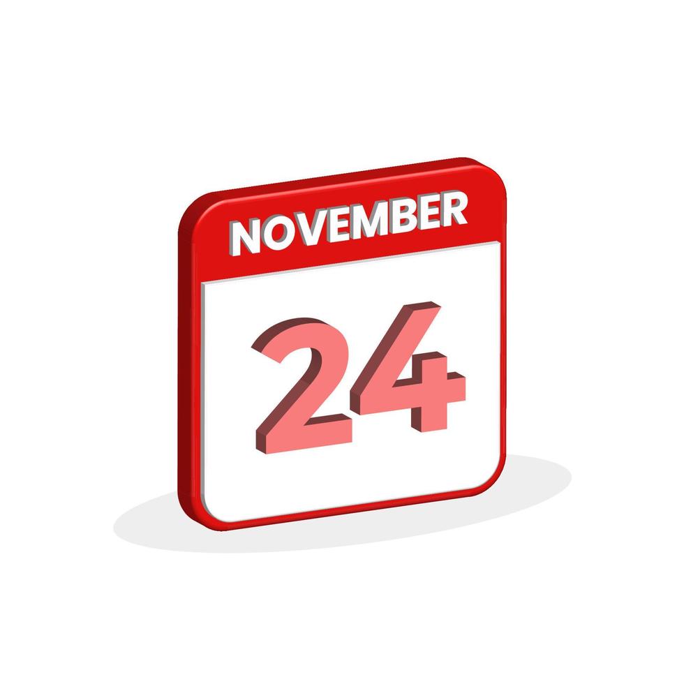 24th November calendar 3D icon. 3D November 24 calendar Date, Month icon vector illustrator