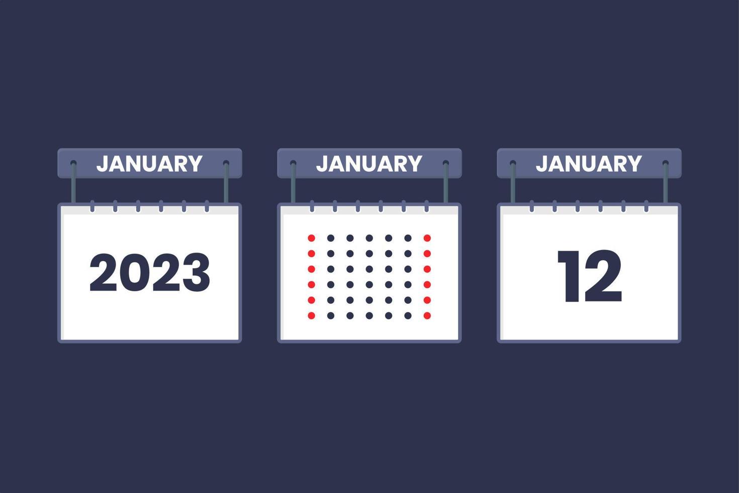 Diseño de calendario 2023 icono del 12 de enero. Calendario del 12 de enero, cita, concepto de fecha importante. vector