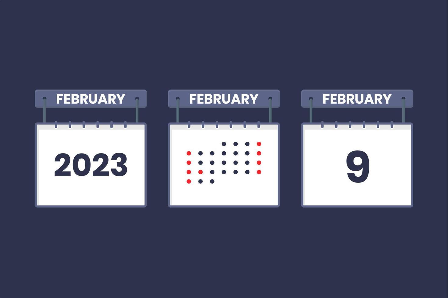 2023 calendar design February 9 icon. 9th February calendar schedule