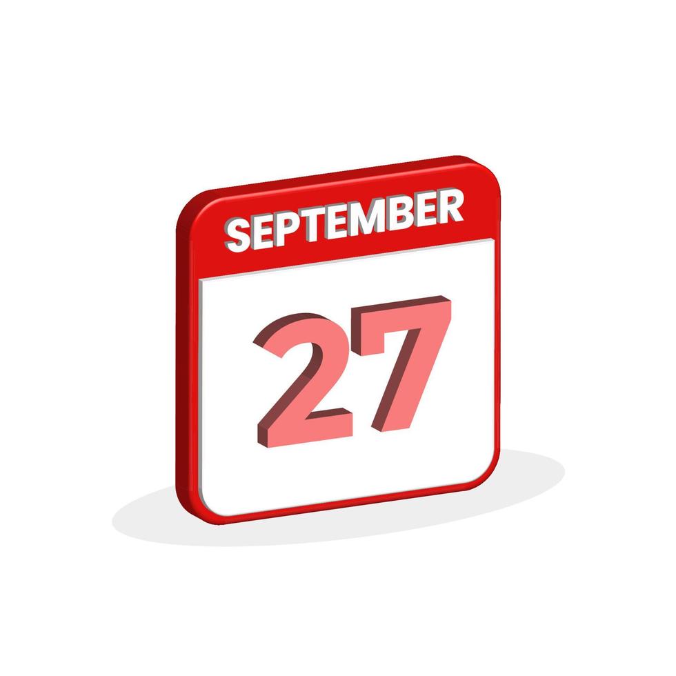 27 de septiembre calendario icono 3d. 3d 27 de septiembre fecha del calendario, mes icono ilustrador vectorial vector