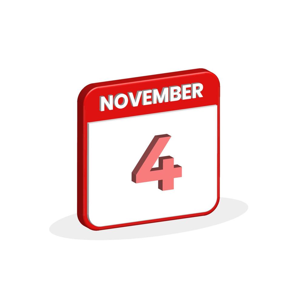 4th November calendar 3D icon. 3D November 4 calendar Date, Month icon vector illustrator