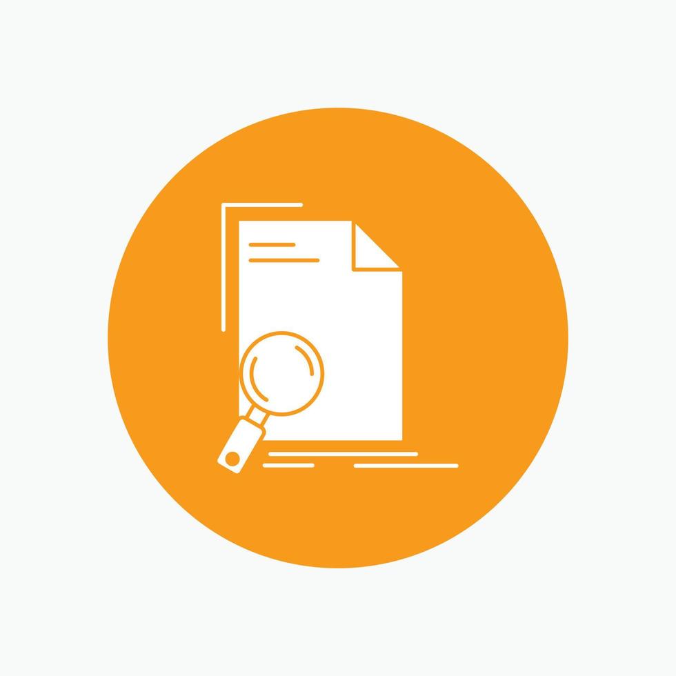 Analysis. document. file. find. page White Glyph Icon in Circle. Vector Button illustration