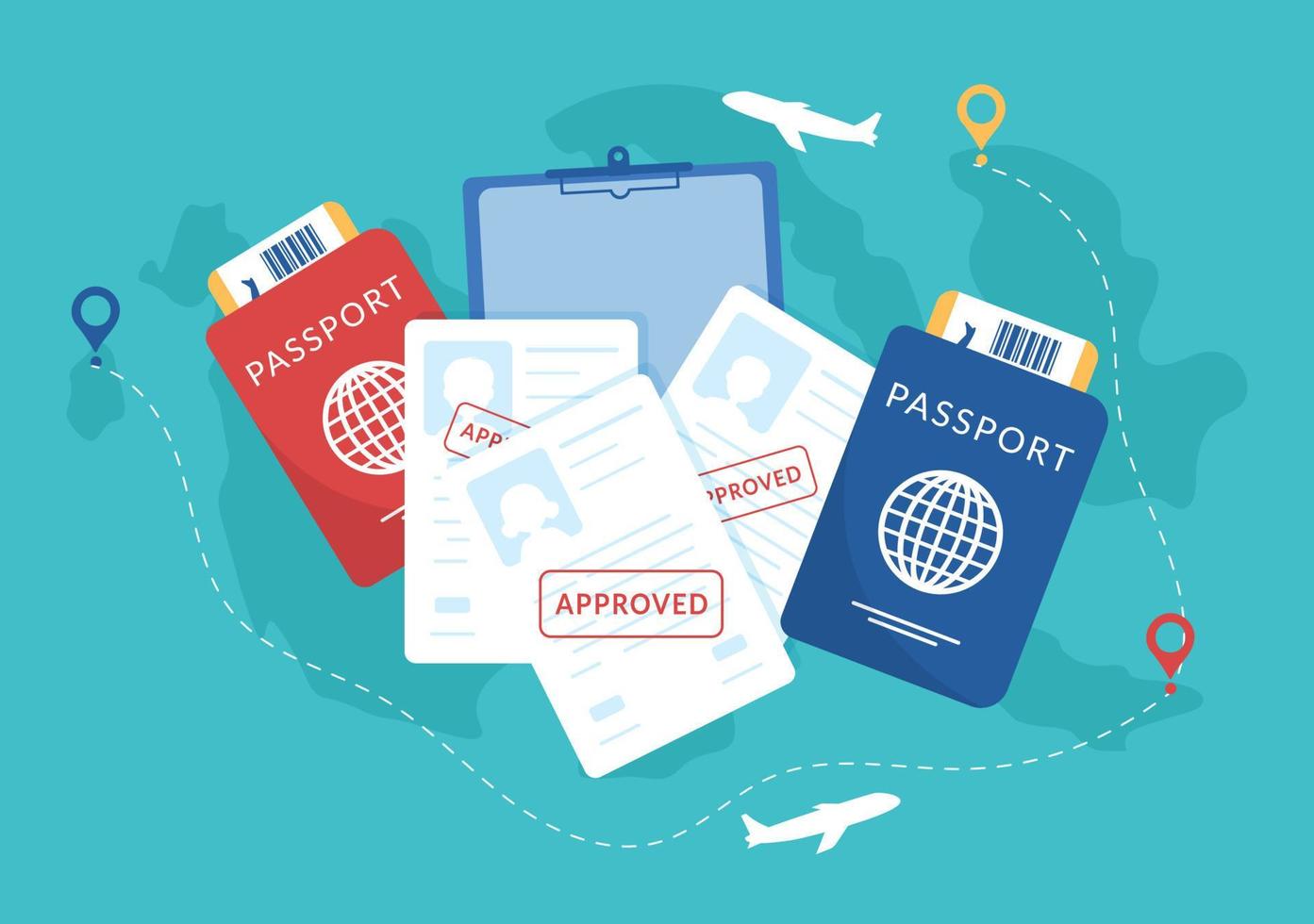 plantilla de inmigración ilustración plana de dibujos animados dibujados a mano del documento con visa y pasaporte para mudarse a otro país vector