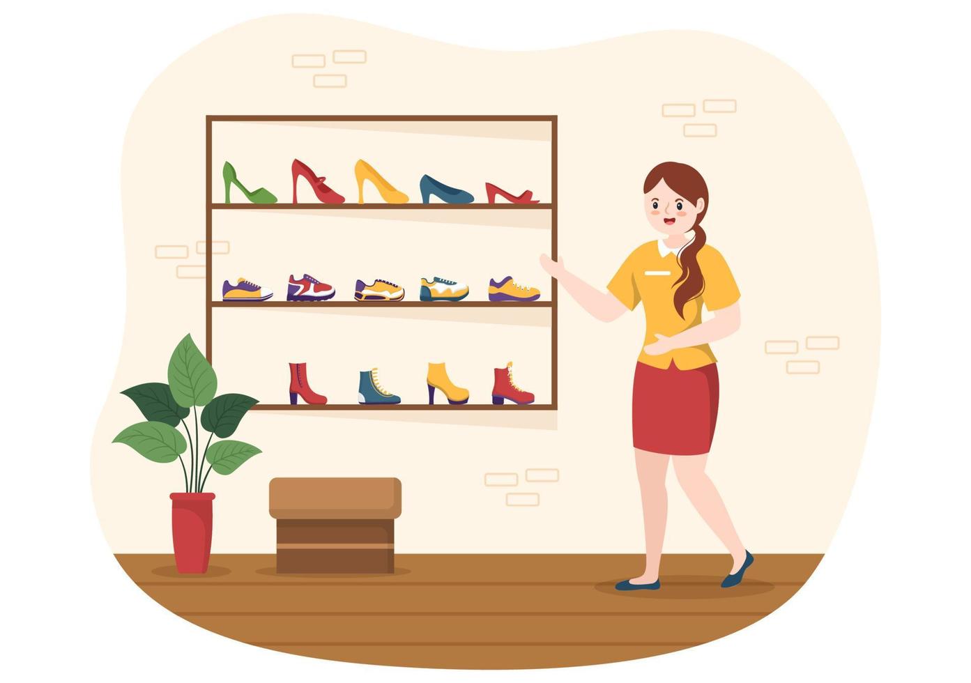 zapatería con nueva colección hombres o mujeres varios modelos o colores de zapatillas y tacones altos en dibujos animados planos dibujados a mano ilustración de plantillas vector