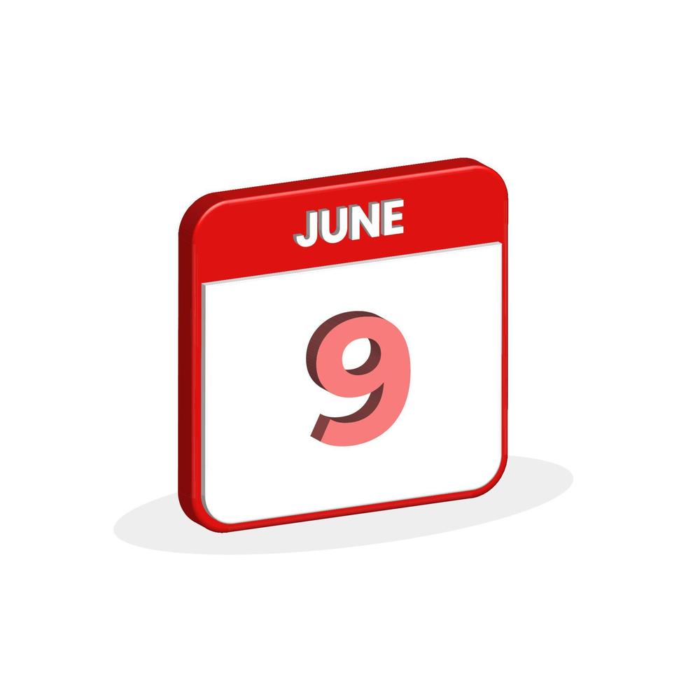 Icono 3d del calendario del 9 de junio. 3d junio 9 calendario fecha, mes icono vector illustrator
