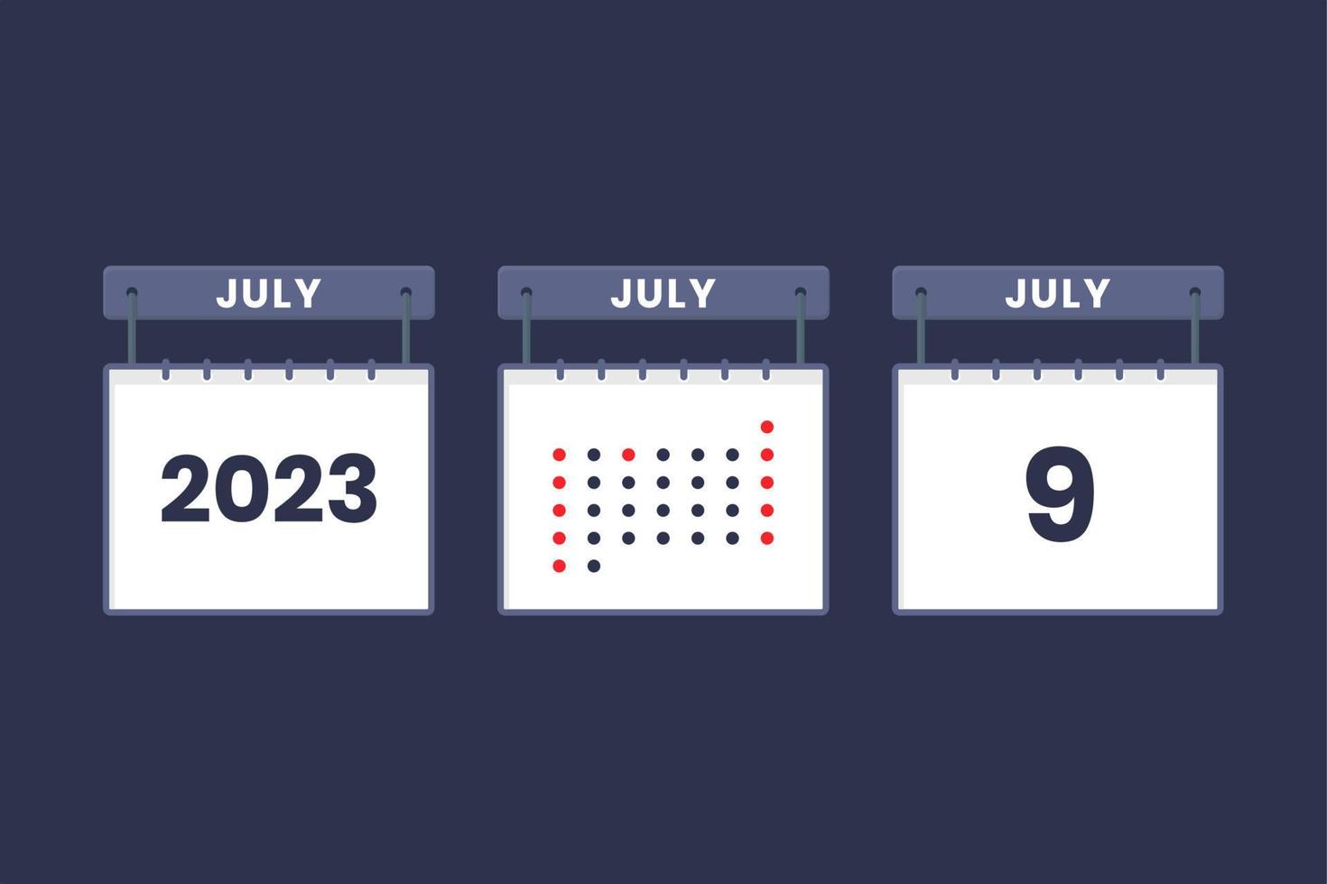 2023 calendar design July 9 icon. 9th July calendar schedule, appointment, important date concept. vector