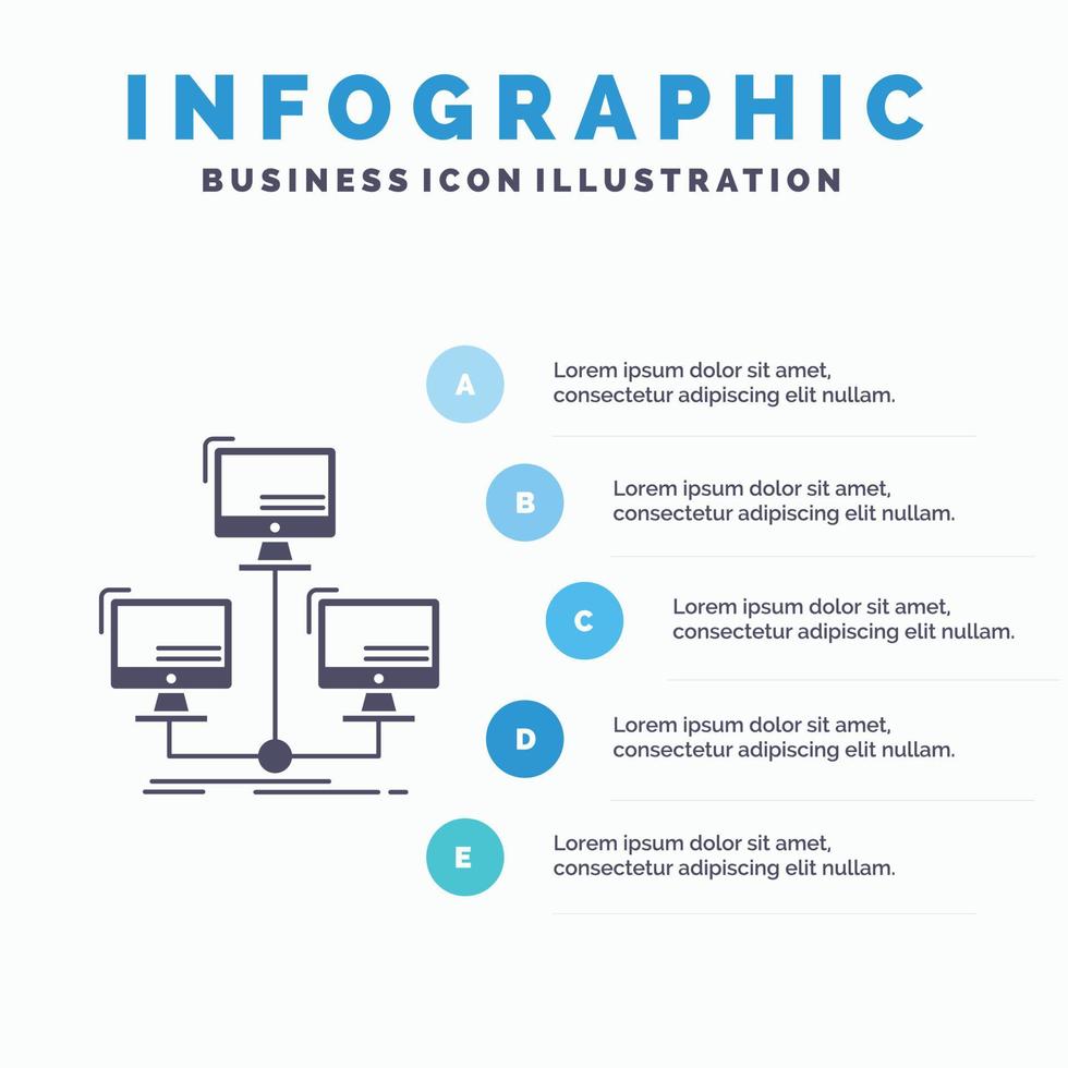 base de datos. repartido. conexión. la red. plantilla de infografías de computadora para sitio web y presentación. icono de glifo gris con ilustración de vector de estilo infográfico azul.