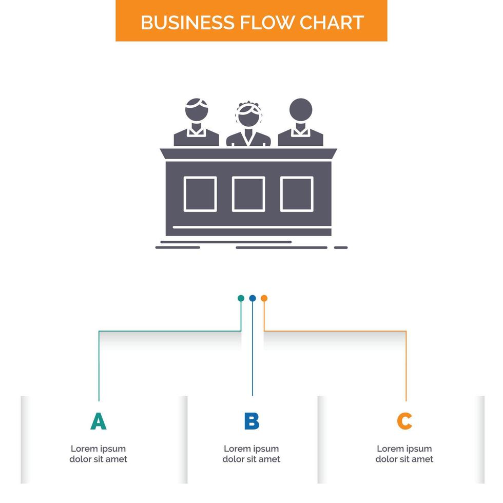 competition. contest. expert. judge. jury Business Flow Chart Design with 3 Steps. Glyph Icon For Presentation Background Template Place for text. vector