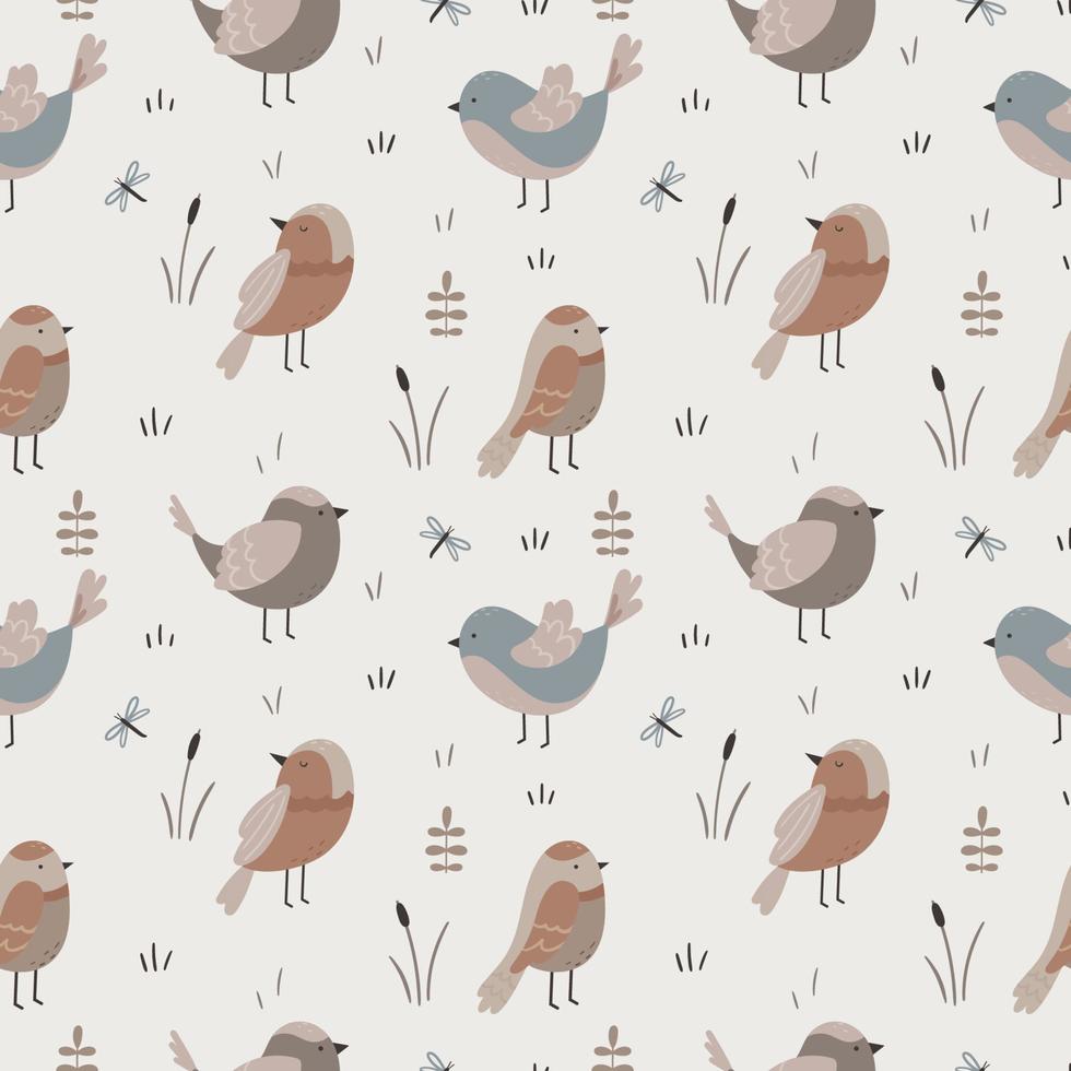Seamless background with a variety of birds and plants. Stylized print on fabric. Pastel palette. Vector background.