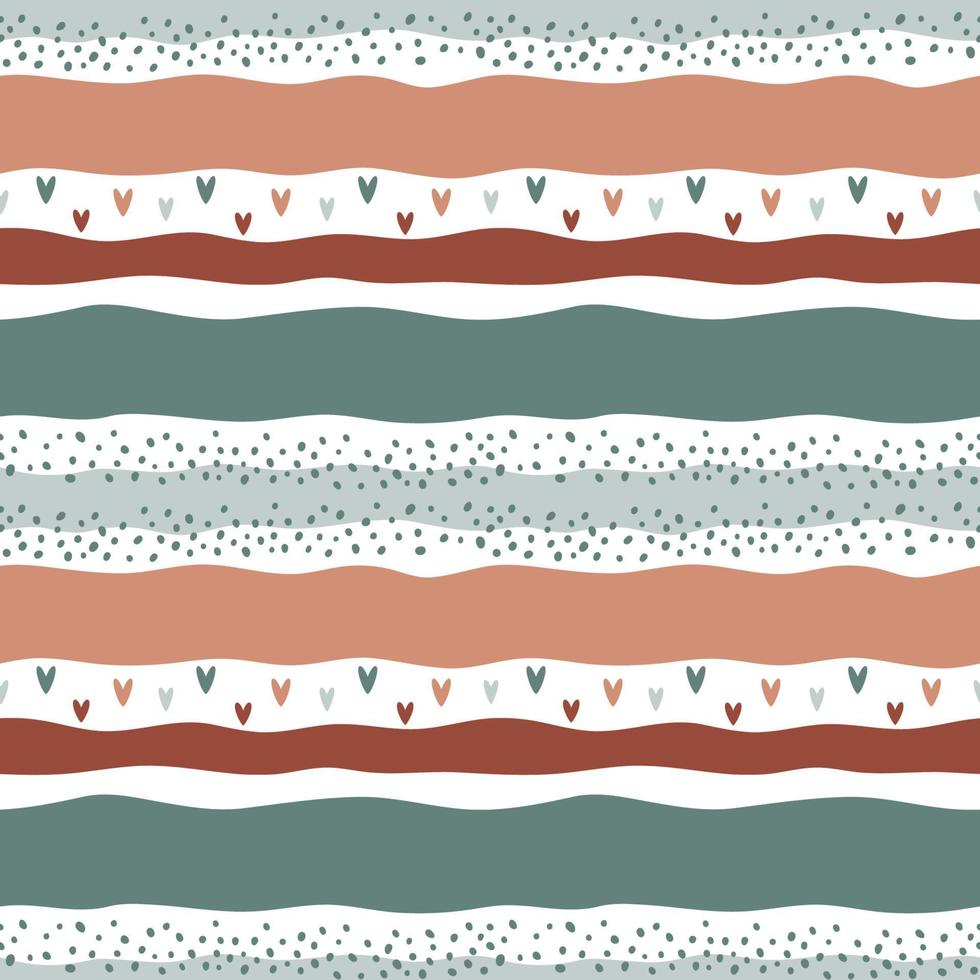 Cute striped seamless pattern with dots and hearts. Hand drawn repeating pattern for fabric, wallpaper vector