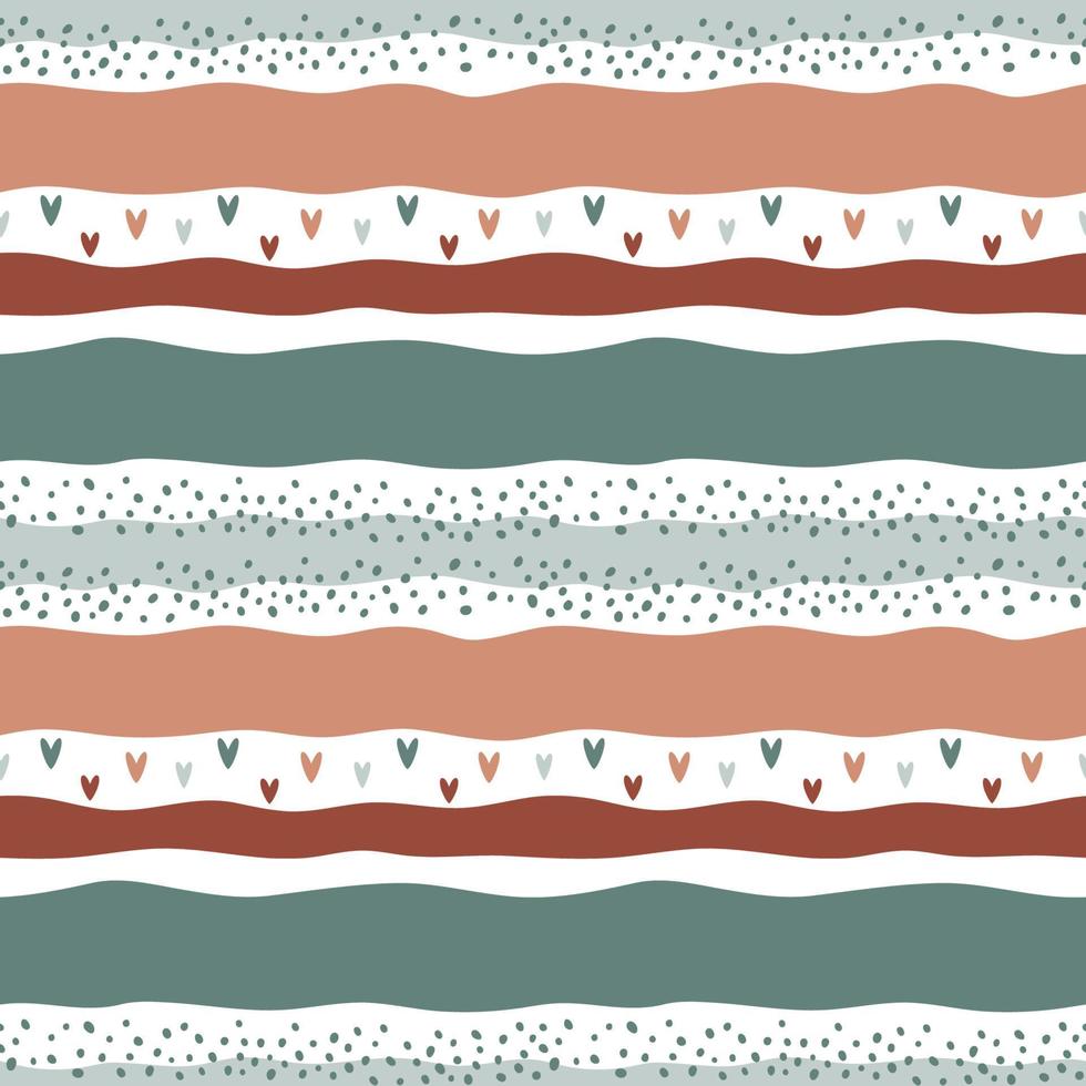 Cute striped seamless pattern with dots and hearts. Hand drawn repeating pattern for fabric, wallpaper vector