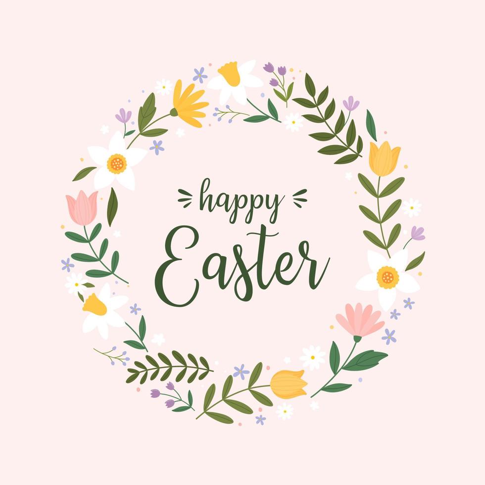 Happy easter. Template for postcard or invitation. A wreath of spring flowers and an inscription. Vector illustration