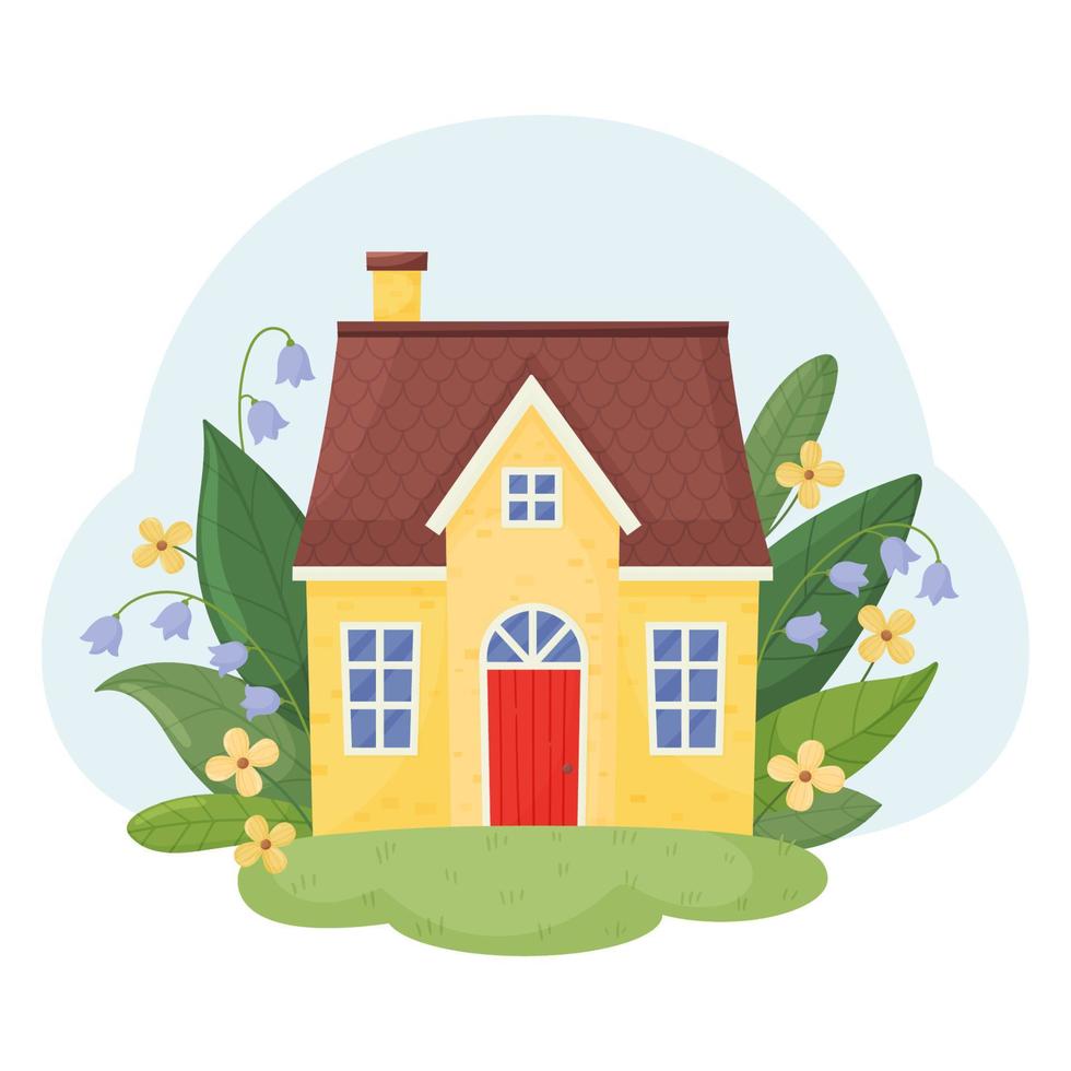 Cute yellow house surrounded by flowers and leaves. Fairytale fantasy house for a dwarf or elf. Vector illustration isolated on white background.