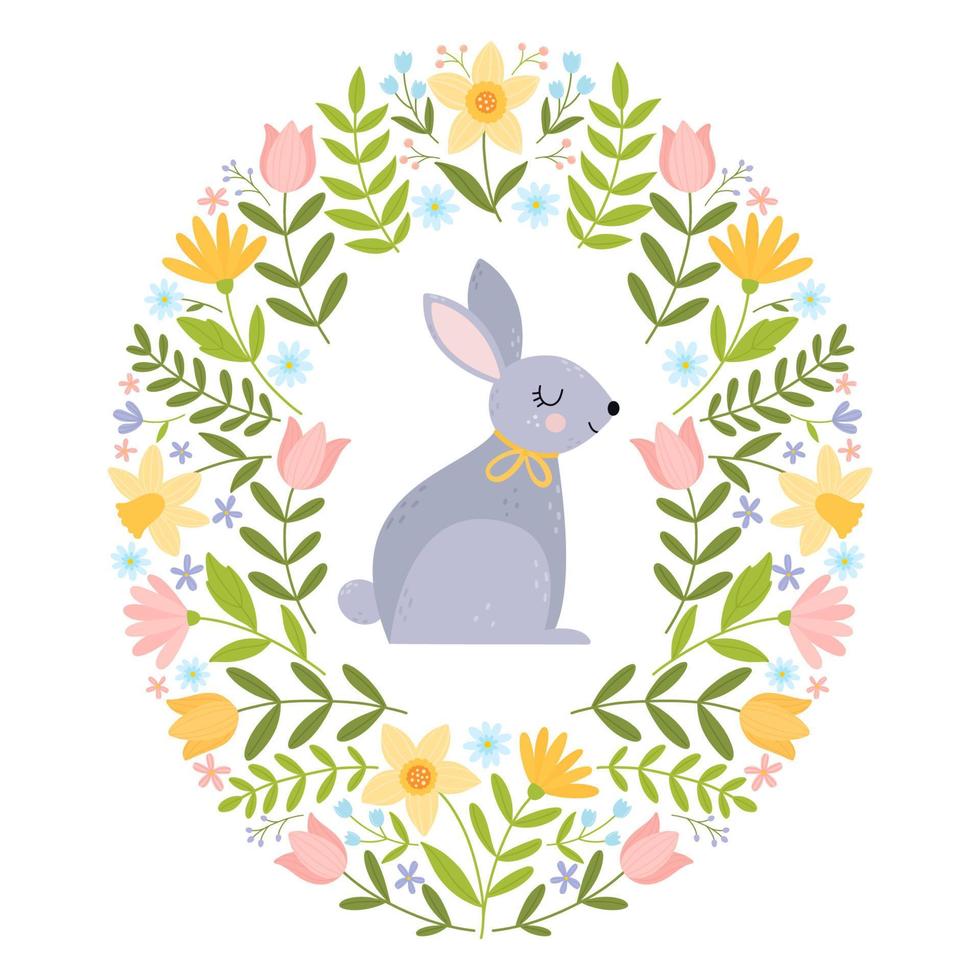 Bright template with rabbit and spring flowers. Colorful design for decoration of Easter and spring holidays. Vector illustration isolated on white background.