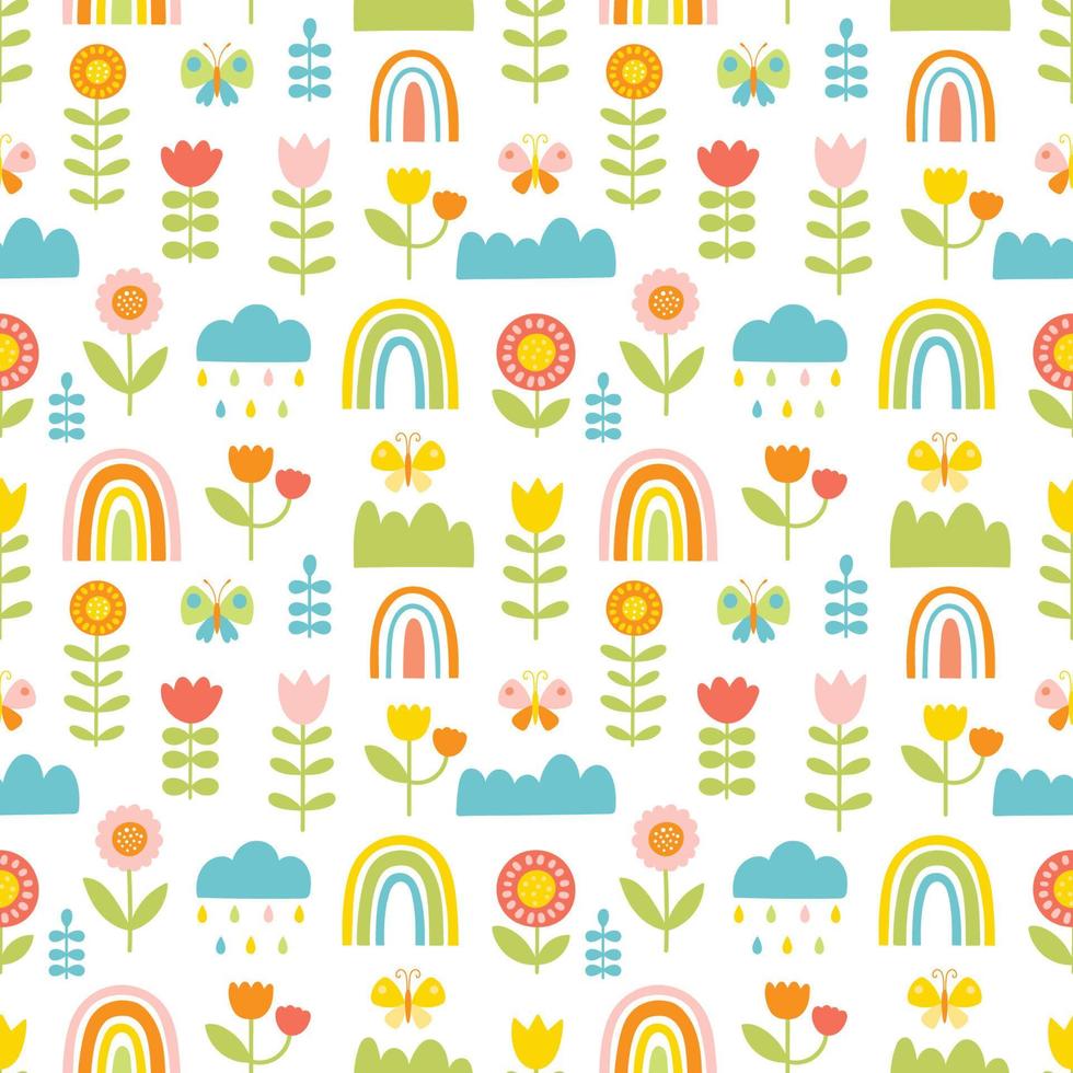 Seamless pattern with butterflies, flowers, clouds and rainbow. Vector illustration in hand drawn cartoon style. Bright palette for spring or summer design of textiles, children s clothing.