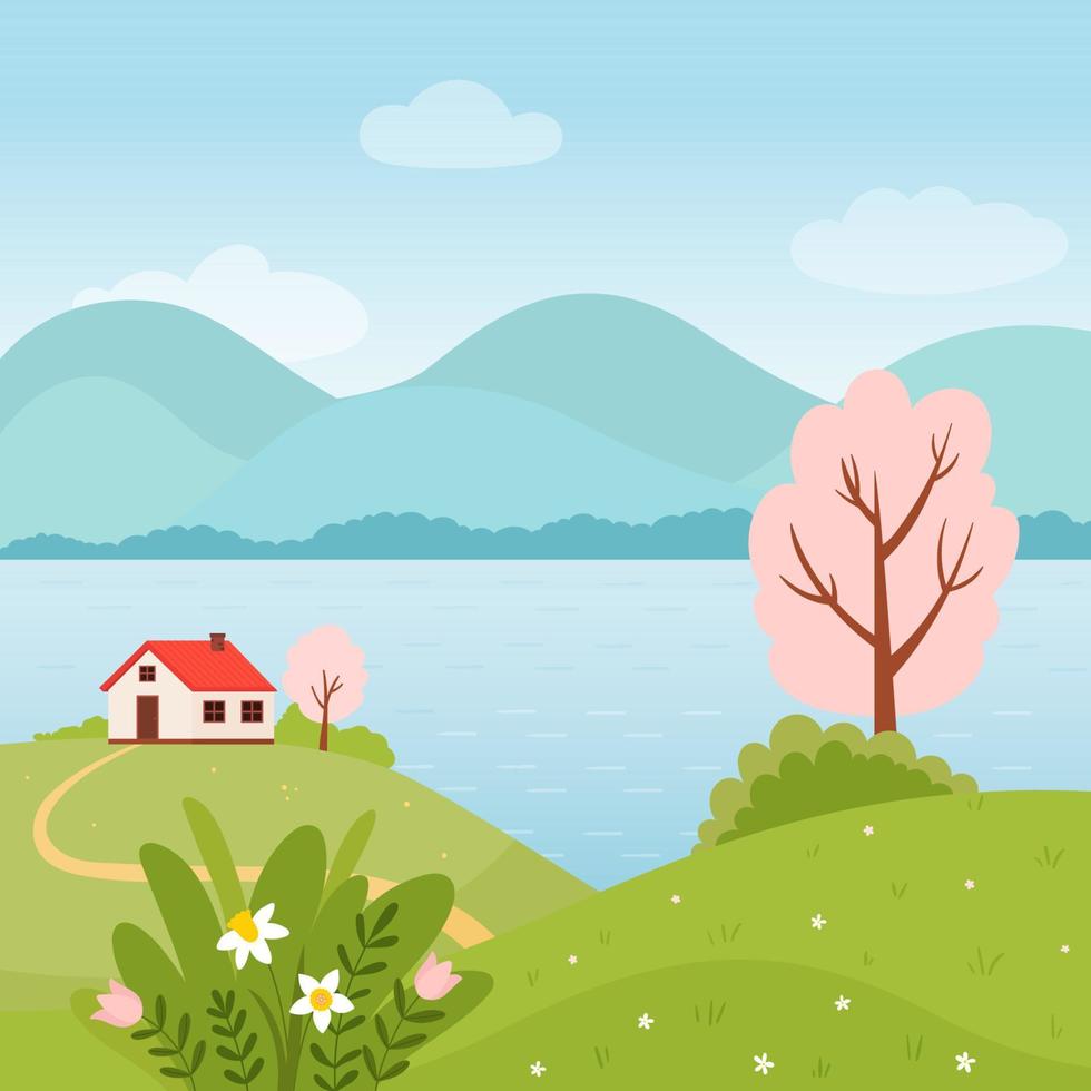 Spring landscape with house, river, flowers and trees. Vector illustration in a flat style.