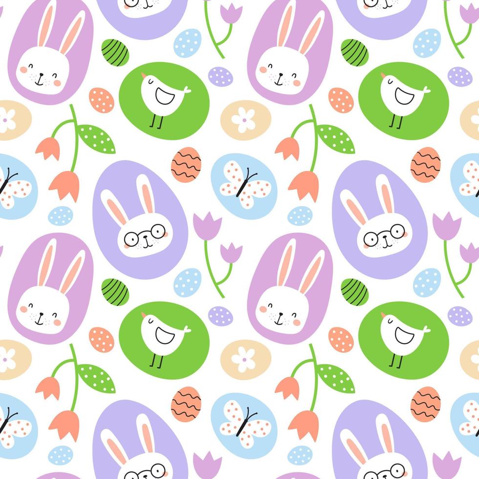 Seamless Easter pattern. Hand drawn colorful children s spring easter pattern with bunnies, chick and easter eggs . Vector illustration isolated on white background.