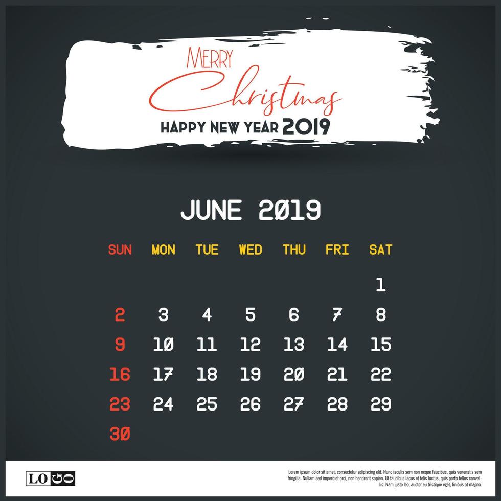 plantilla de calendario de año nuevo de junio de 2019. fondo de encabezado de trazo de pincel vector
