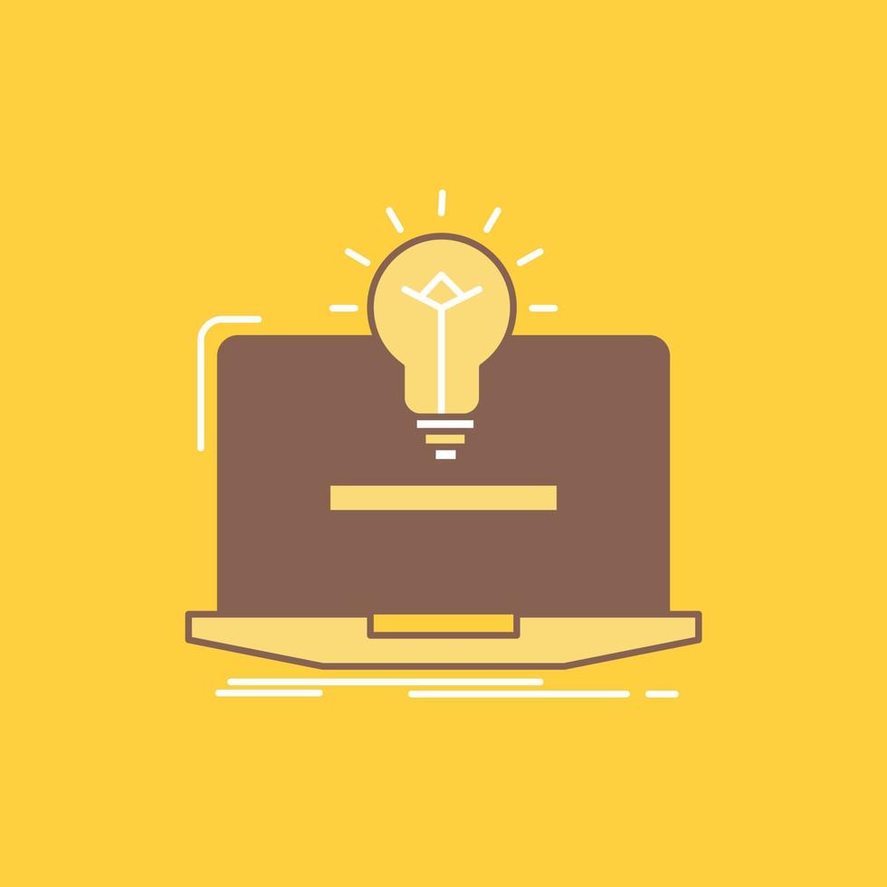laptop. solution. idea. bulb. solution Flat Line Filled Icon. Beautiful Logo button over yellow background for UI and UX. website or mobile application vector