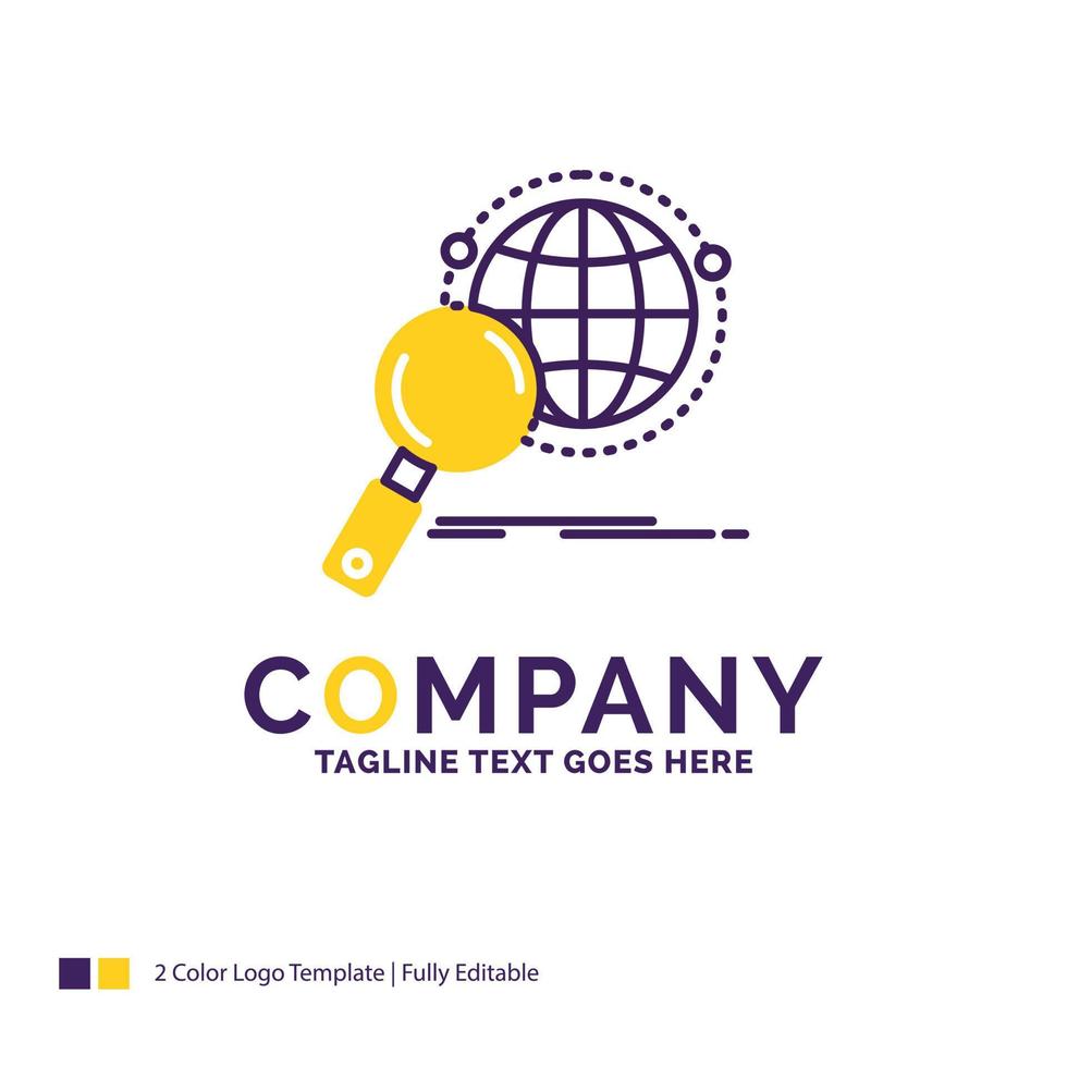 Company Name Logo Design For global. globe. magnifier. research. world. Purple and yellow Brand Name Design with place for Tagline. Creative Logo template for Small and Large Business. vector