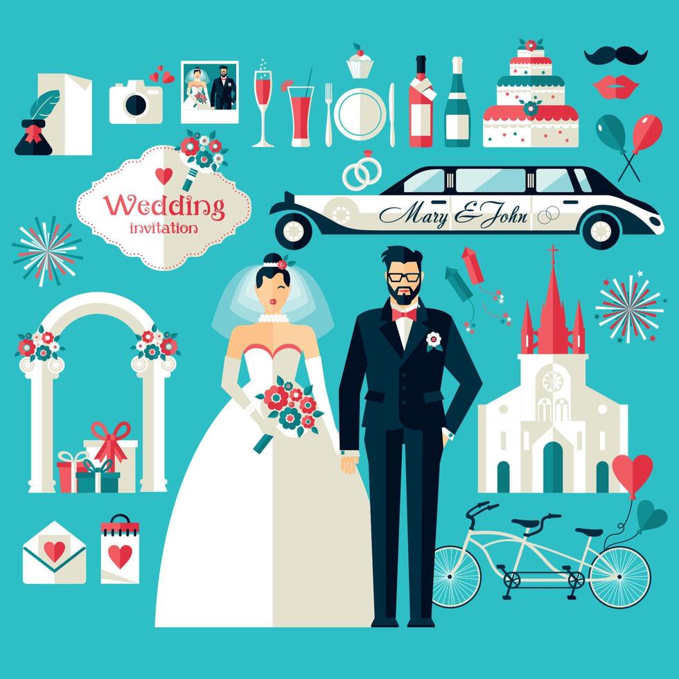 Wedding symbols set illustration icon set on blue. vector