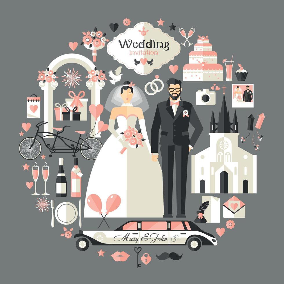 Wedding symbols set tamplate design for invitation . vector