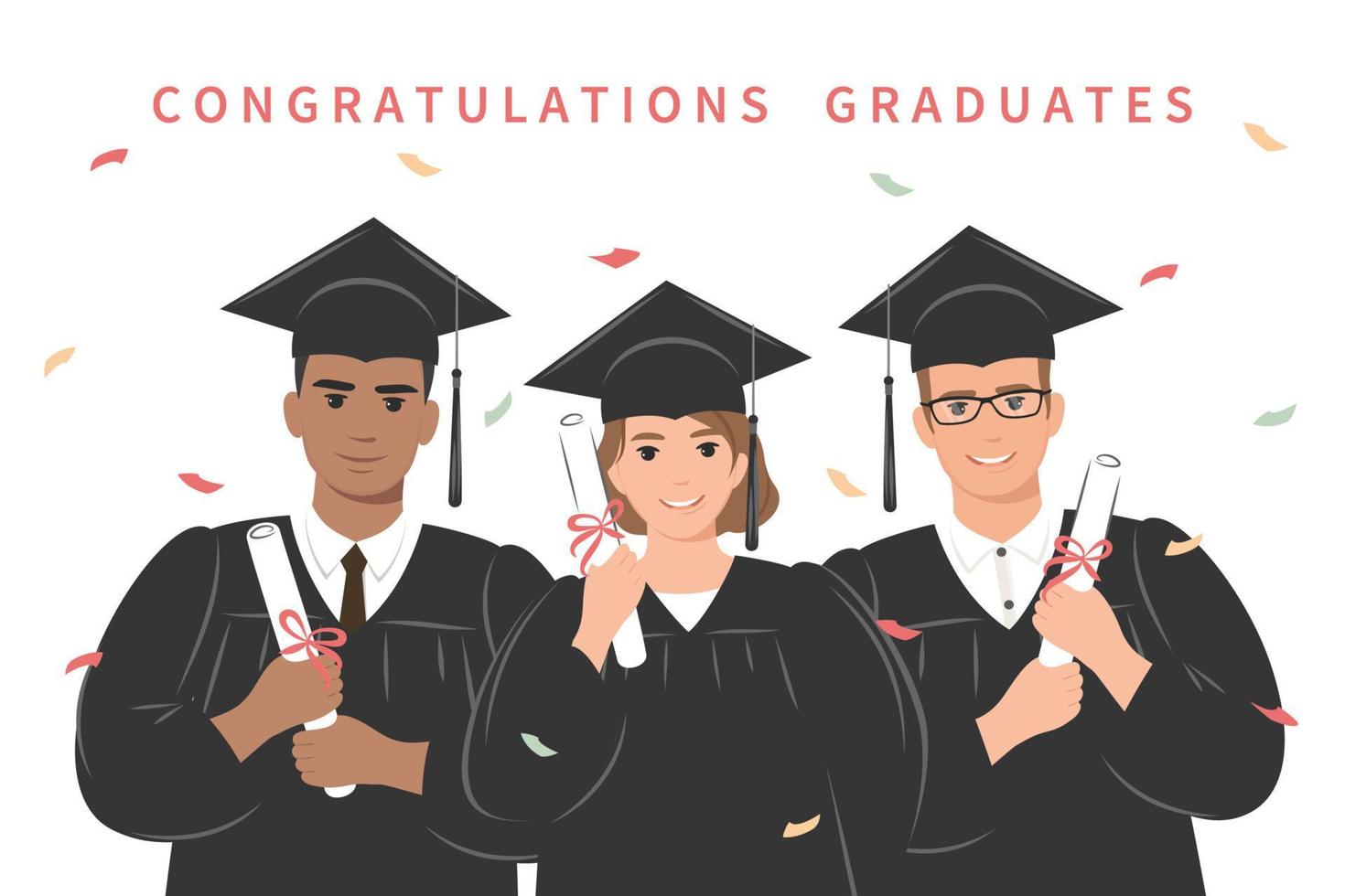 Congratulations graduates. Group of happy students-graduates university or college wearing an academic gown, graduation cap and holding a diploma. Vector illustration