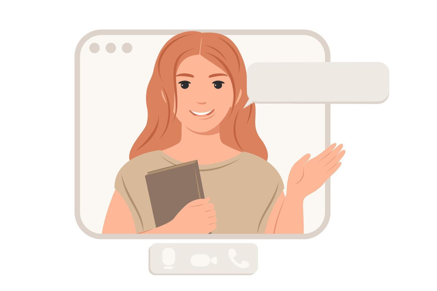 Woman character on web screen with window for text. Video conference online call. Online training or work from home concept. Vector illustration in flat style.