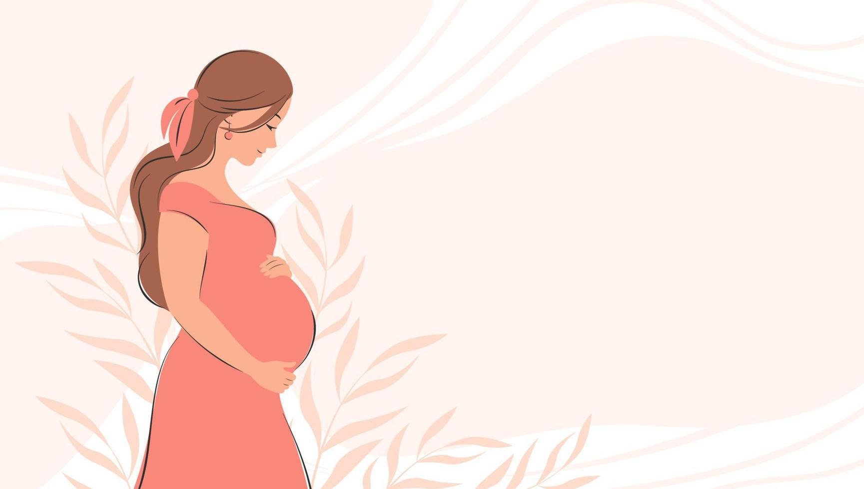 Banner about pregnancy and motherhood with place for text. Pregnant woman, future mom of hugging belly with arms. Happy Mother's Day.  Flat vector illustration.