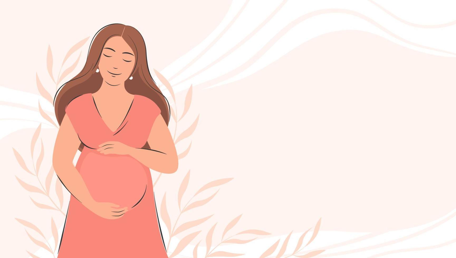 pancarta sobre el embarazo y la maternidad con lugar para el texto. mujer embarazada, futura mamá abrazando el vientre con los brazos. feliz día de la madre. ilustración vectorial plana. vector