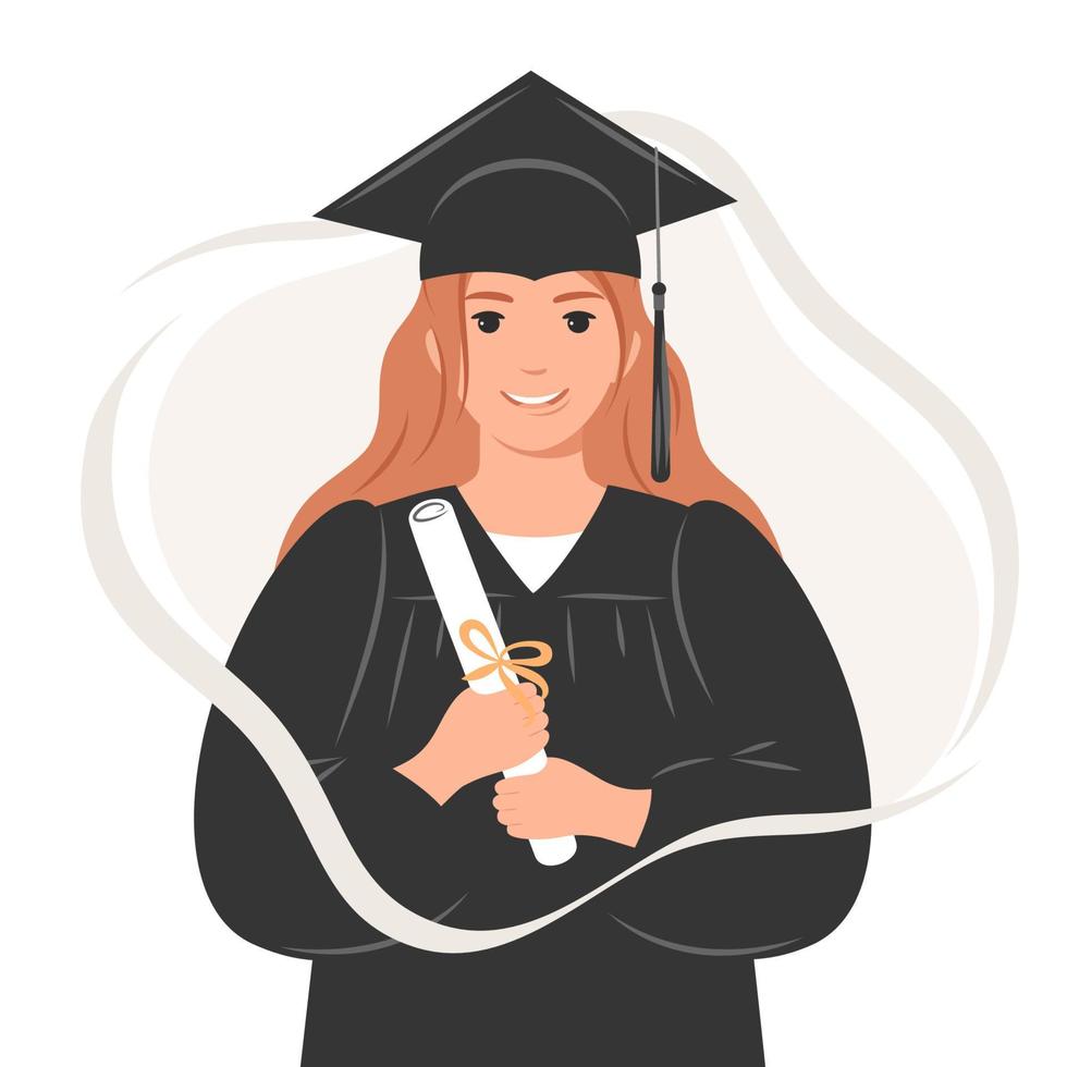 feliz estudiante de posgrado con un diploma, vistiendo una túnica y una gorra académica cuadrada. una joven que se graduó de sus estudios. ilustración vectorial plana sobre fondo blanco. vector