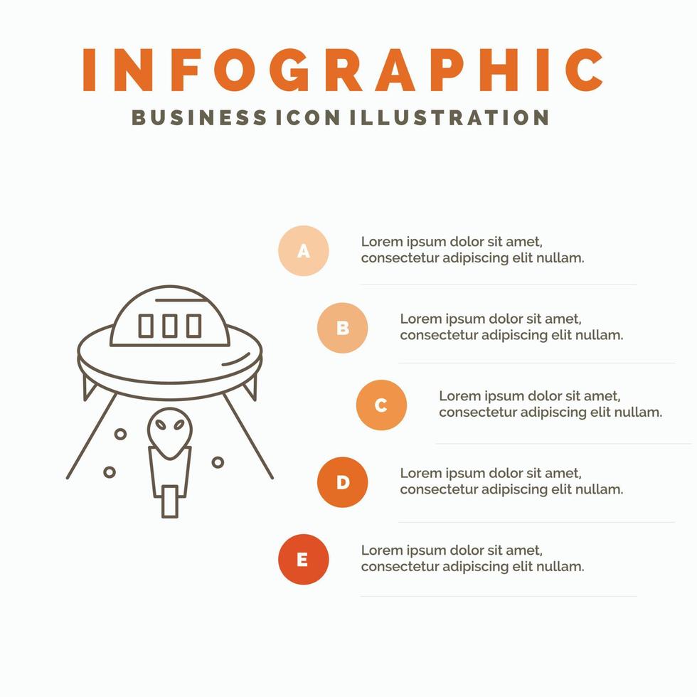 extraterrestre. espacio. OVNI. astronave. plantilla de infografía de Marte para sitio web y presentación. icono de línea gris con ilustración de vector de estilo infográfico naranja