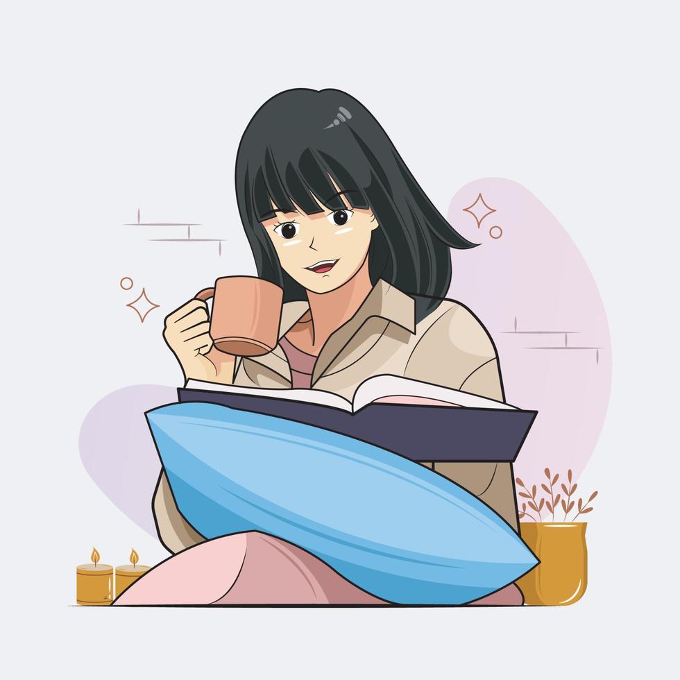 Hygge lifestyle illustration. Relaxing drinking hot tea and reading interesting book vector illustration free download