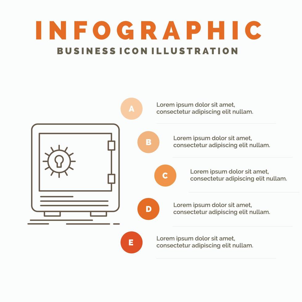 banco. depósito. seguro. la seguridad. plantilla de infografía de caja fuerte para sitio web y presentación. icono de línea gris con ilustración de vector de estilo infográfico naranja