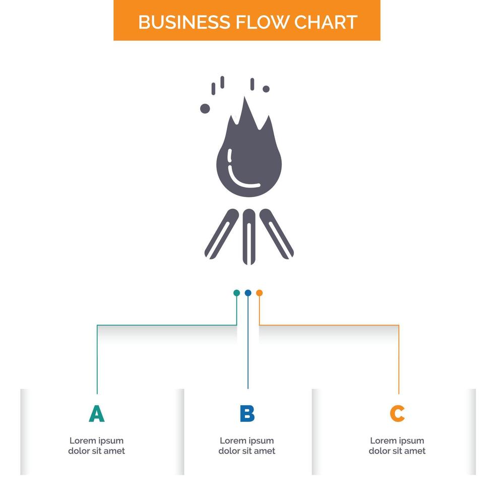 fuego. fuego. hoguera. cámping. diseño de diagrama de flujo de negocios de campamento con 3 pasos. icono de glifo para el lugar de plantilla de fondo de presentación para texto. vector