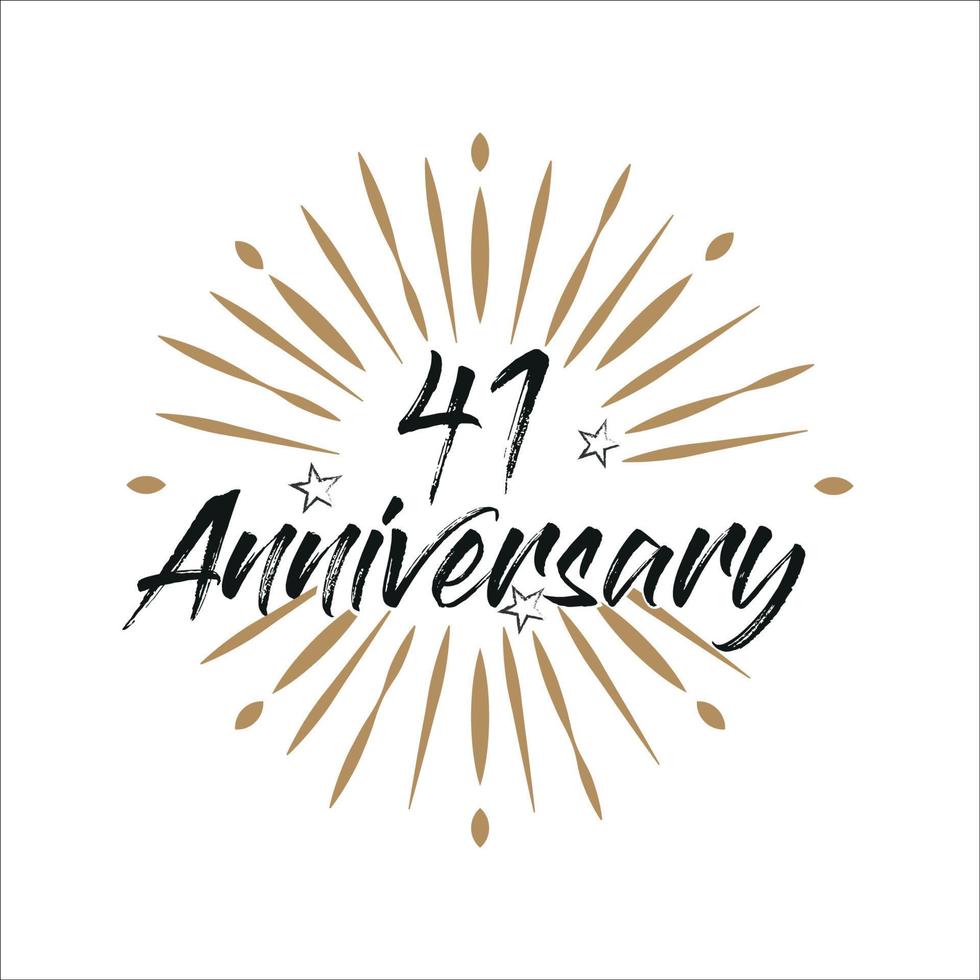 41 years anniversary retro vector emblem isolated template. Vintage logo with ribbon and fireworks on white background
