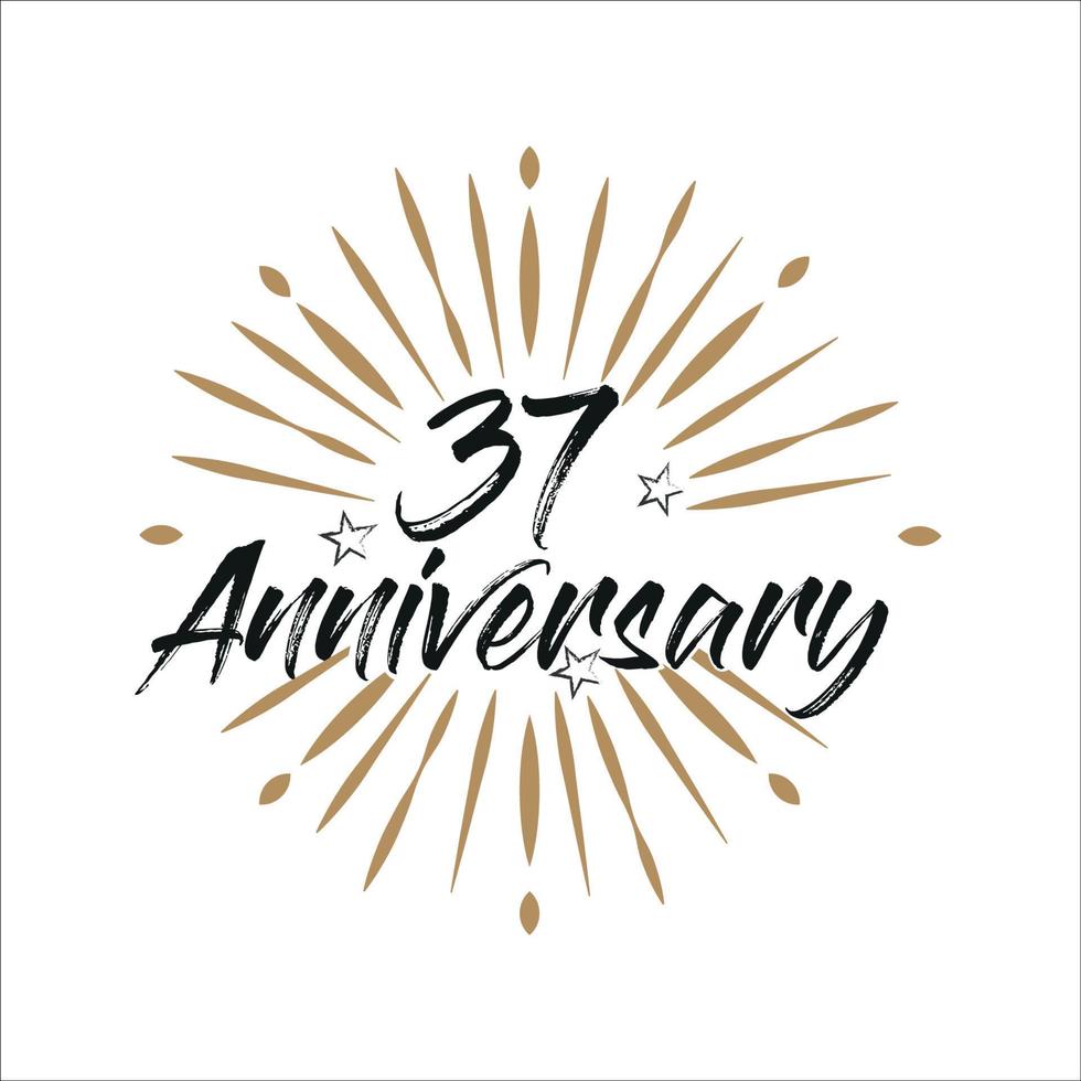37 years anniversary retro vector emblem isolated template. Vintage logo with ribbon and fireworks on white background