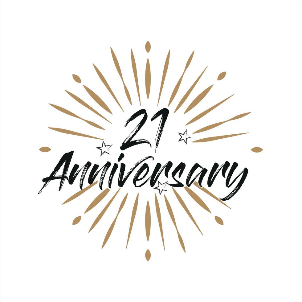 21 years anniversary retro vector emblem isolated template. Vintage logo with ribbon and fireworks on white background