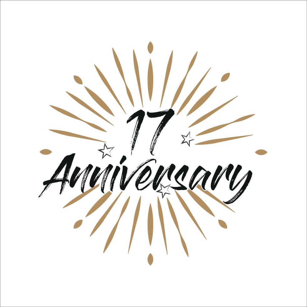 17 years anniversary retro vector emblem isolated template. Vintage logo with ribbon and fireworks on white background